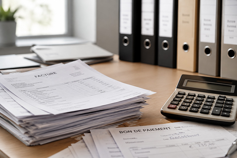 Bureau de cabinet comptable avec piles de factures et calculatrice, ambiance feutrée