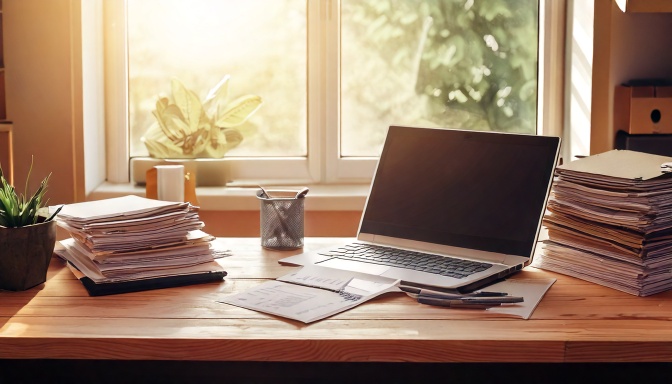 Bureau de travail avec ordinateur portable et documents papier, l'environnement quotidien que l'IA peut transformer