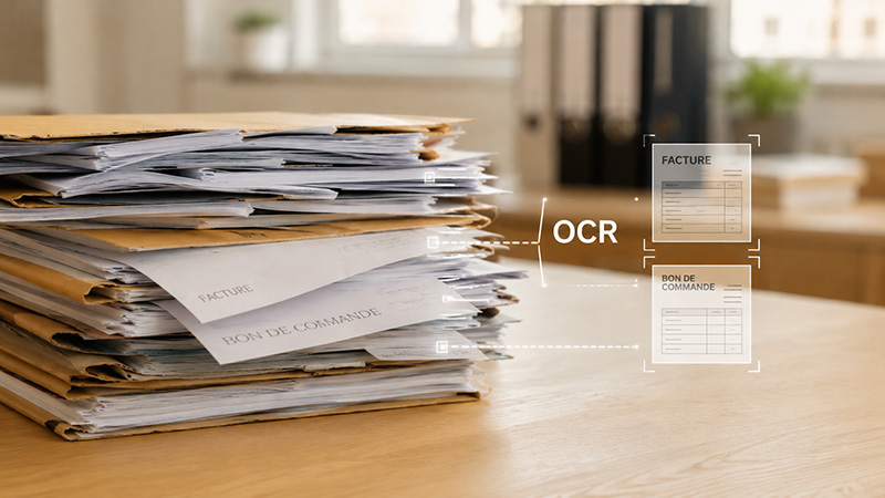 Pile de classeurs et documents administratifs sur un bureau de PME française, ambiance sobre