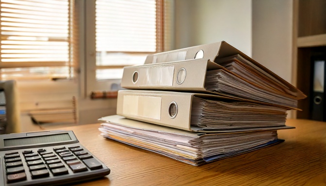 Pile de classeurs et chemises cartonnées sur un bureau de bureau de PME française, ambiance feutrée