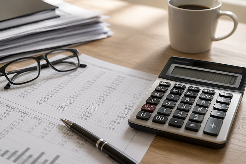 Calculatrice et feuilles de budget sur un bureau de PME, ambiance feutrée