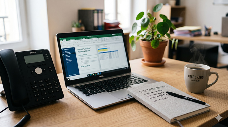 Bureau de PME avec téléphone, ordinateur portable et bloc-notes, ambiance de travail concentré