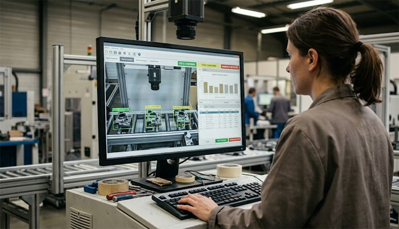 Opérateur devant un écran de contrôle visuel automatisé