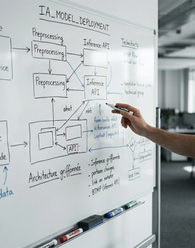 Poste de travail avec code à l'écran et notes manuscrites