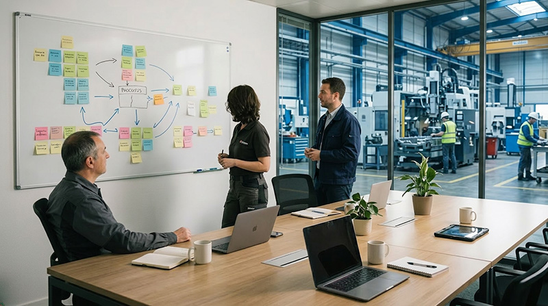 Atelier de cadrage avec post-it et schéma de processus métier