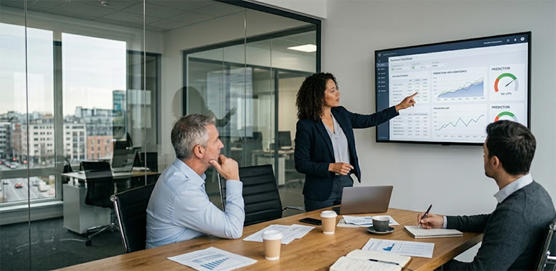 Dirigeant analysant un tableau de bord d'indicateurs prédictifs